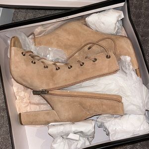 BCBGeneration Latte Lux Suede Open Toe Heel Boot, Brand New Never Worn, Size 7.5